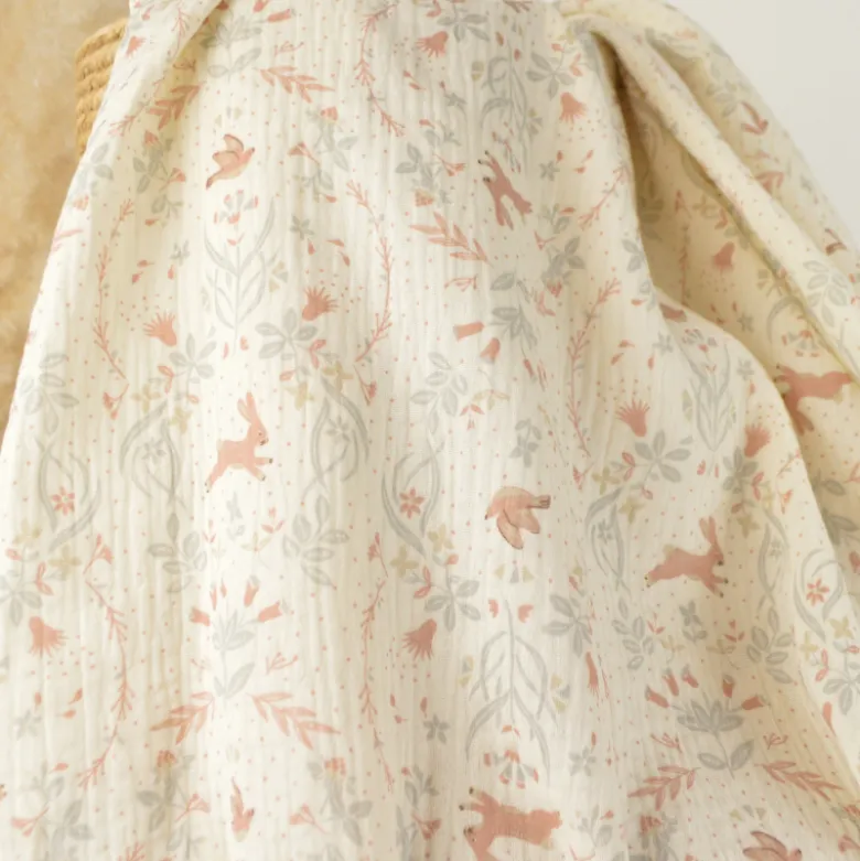 Tissu double gaze de coton Kirsten lapins & oiseaux écru