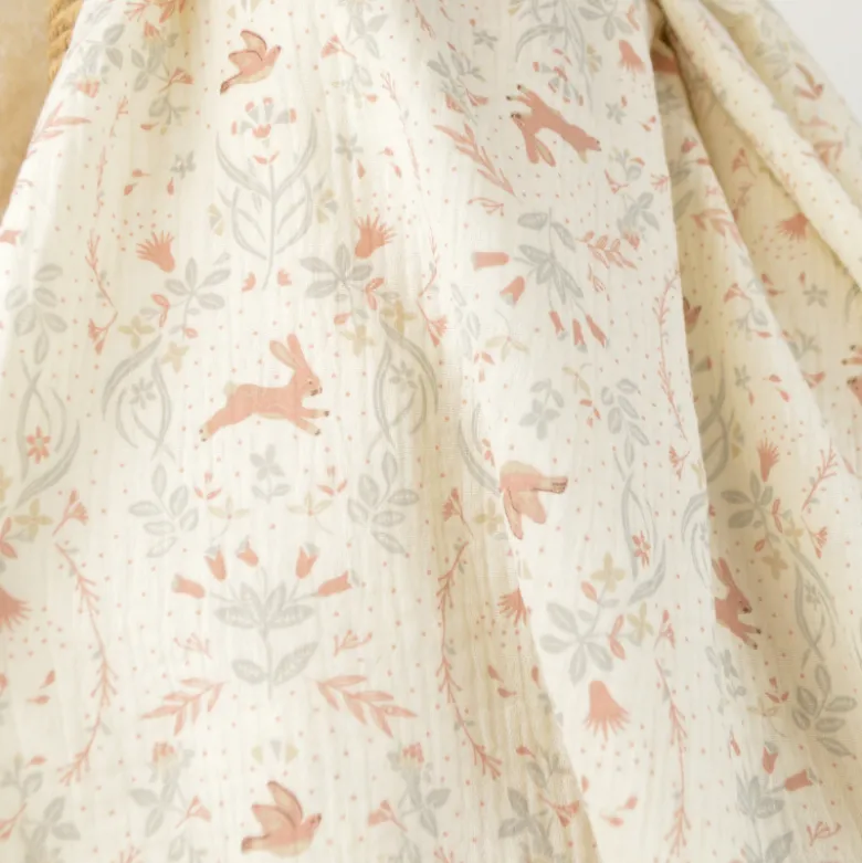 Tissu double gaze de coton Kirsten lapins & oiseaux écru
