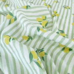 Tissu double gaze de coton Limoncello motif citrons et rayures Amande