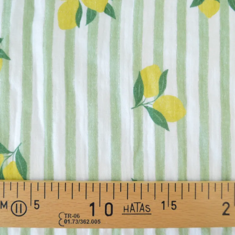 Tissu double gaze de coton Limoncello motif citrons et rayures Amande