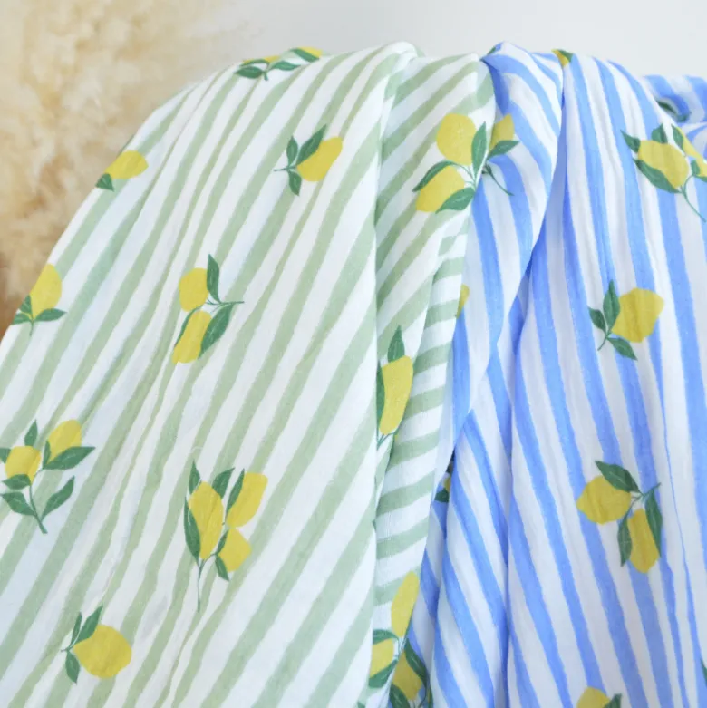 Tissu double gaze de coton Limoncello motif citrons et rayures Amande