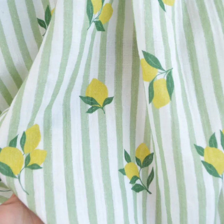 Tissu double gaze de coton Limoncello motif citrons et rayures Amande
