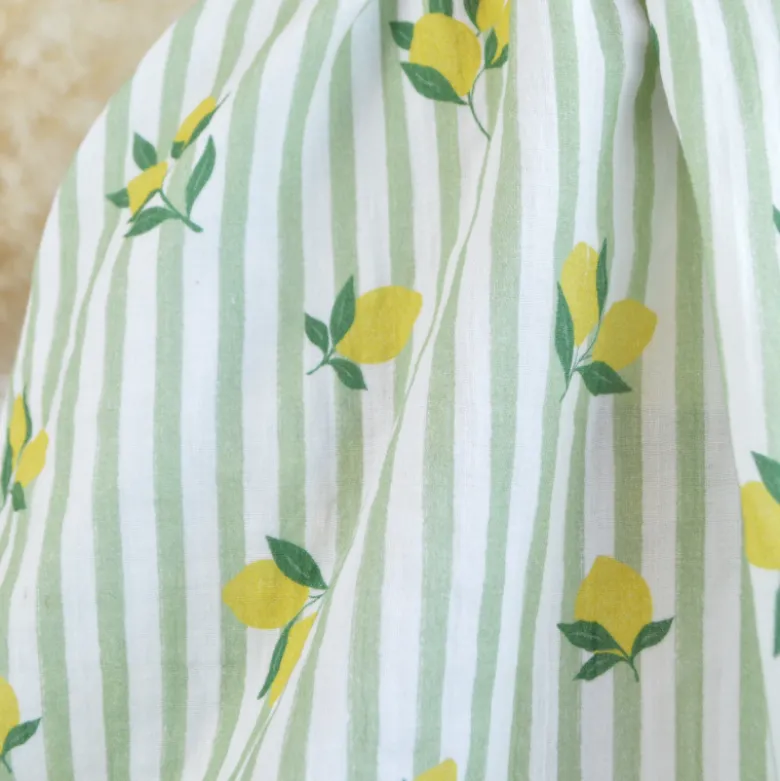 Tissu double gaze de coton Limoncello motif citrons et rayures Amande