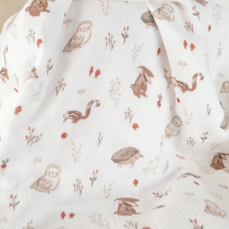 Tissu double gaze de coton Perly animaux de la forêt fond blanc