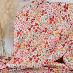 Tissu double gaze de coton Romane motif fleurs rouges et jaunes - OEKO TEX
