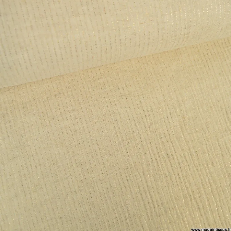 Tissu Double gaze en lin mélangé à rayures Lurex fond Sable