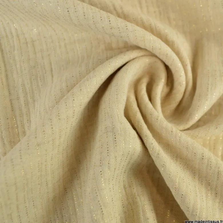 Tissu Double gaze en lin mélangé à rayures Lurex fond Sable