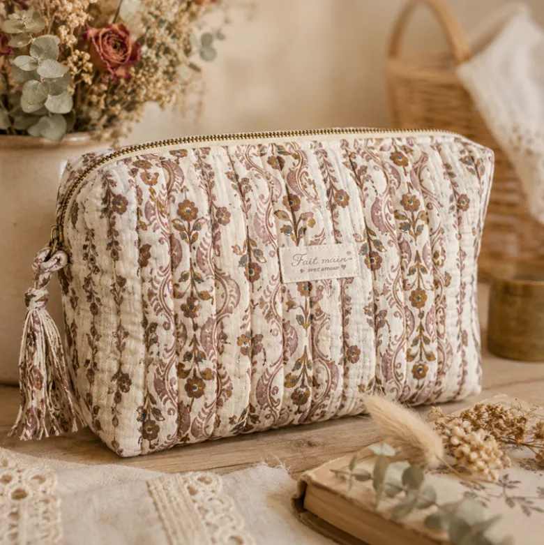 Tissu double gaze matelassé Kandla – Fleurs indiennes écru et vieux rose