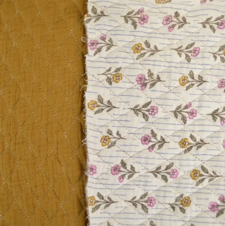 Tissu double gaze matelassé losange fleurs Aesa et uni Havane