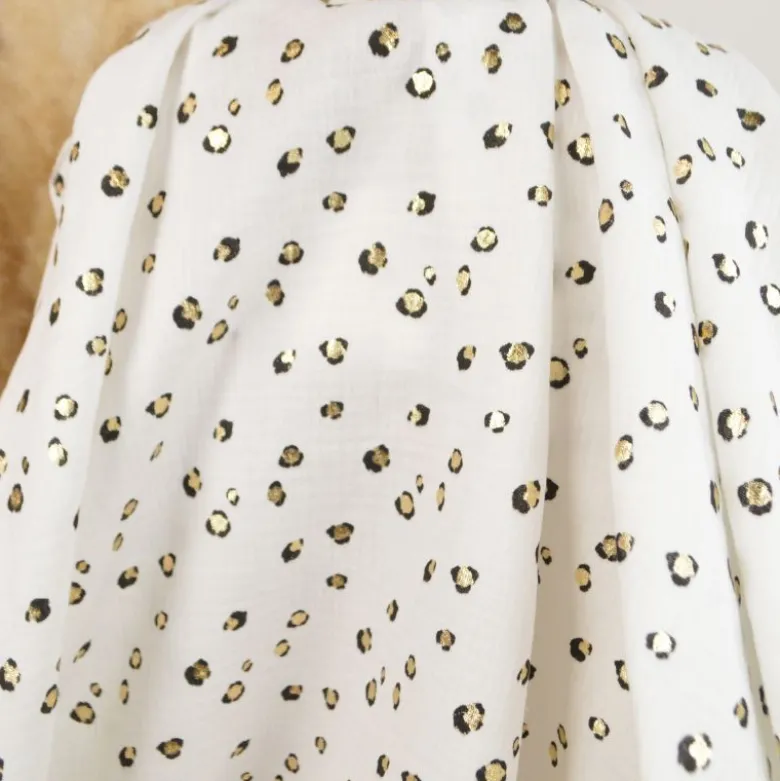 Tissu double gaze Maureen imprimé léopard doré – fond blanc cassé