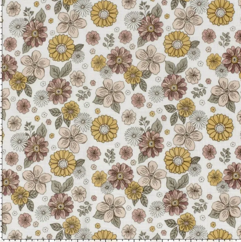 Tissu double gaze motif fleurs Marsala et tilleul - OEKO TEX
