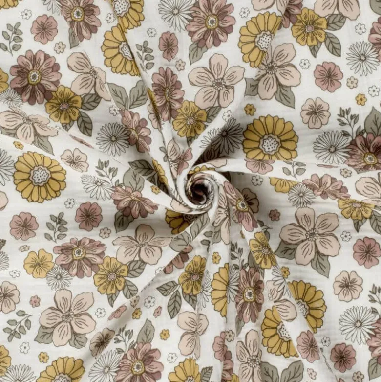 Tissu double gaze motif fleurs Marsala et tilleul - OEKO TEX