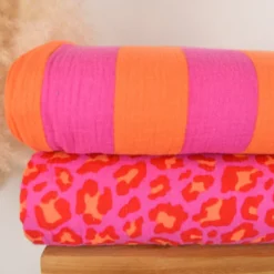 Tissu double gaze motif léopard fuchsia et orange - OEKO TEX