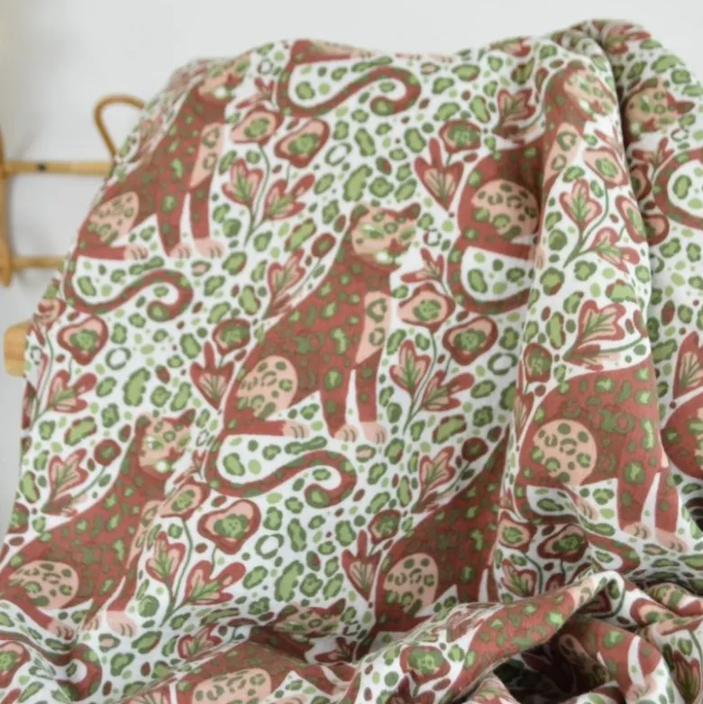 Tissu double gaze motif léopard et panthère terracotta et vert - OEKO TEX