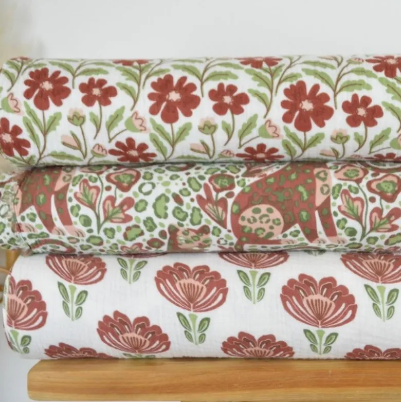 Tissu double gaze motif léopard et panthère terracotta et vert - OEKO TEX