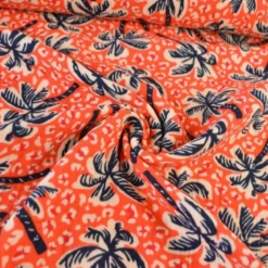 Tissu double gaze motif palmier et fond leopard corail - OEKO TEX