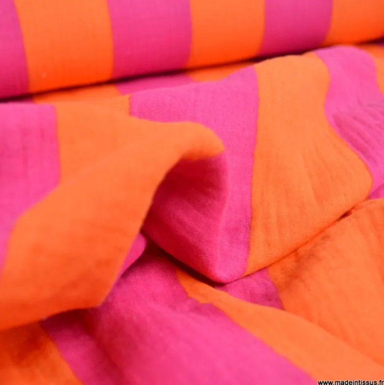 Tissu double gaze motif rayures orange et fuchsia - OEKO TEX