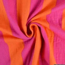 Tissu double gaze motif rayures orange et fuchsia - OEKO TEX