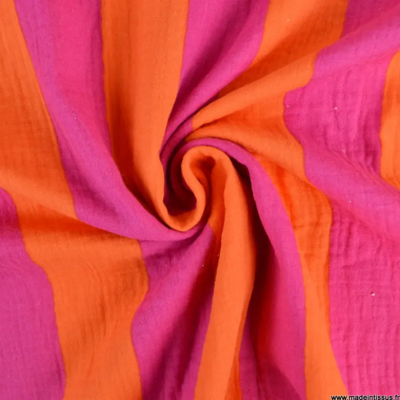 Tissu double gaze motif rayures orange et fuchsia - OEKO TEX