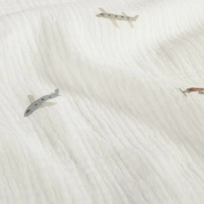 Tissu Double gaze Plane motif avions fond blanc cassé - OEKO TEX