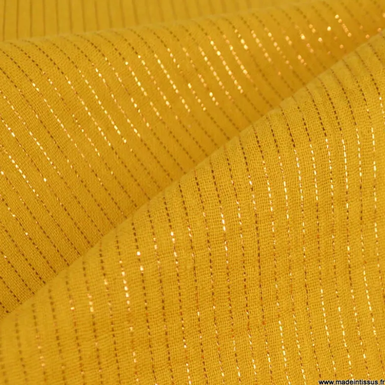 Tissu Double gaze à rayures Lurex fond Moutarde