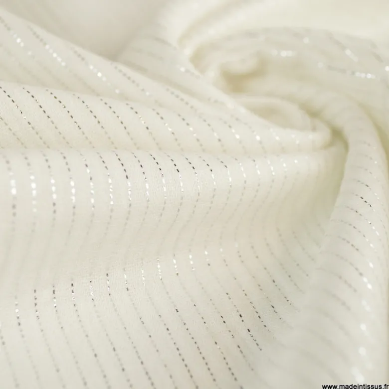 Tissu Double gaze à rayures Lurex fond Blanc cassé