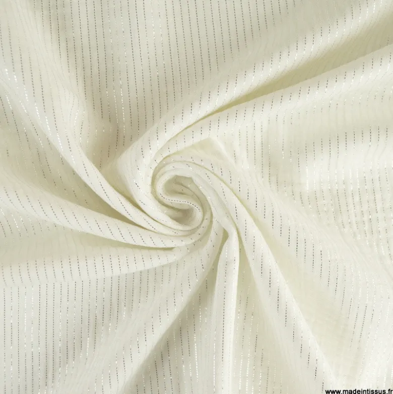 Tissu Double gaze à rayures Lurex fond Blanc cassé