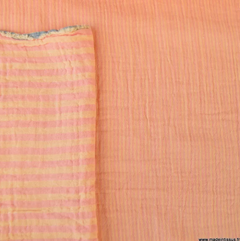 Tissu Double gaze réversible à rayures Melon et Sorbet - OEKO TEX