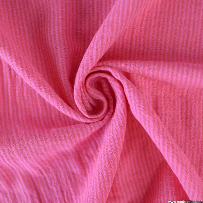Tissu Double gaze réversible à rayures Rose bonbon et Hibiscus - OEKO TEX