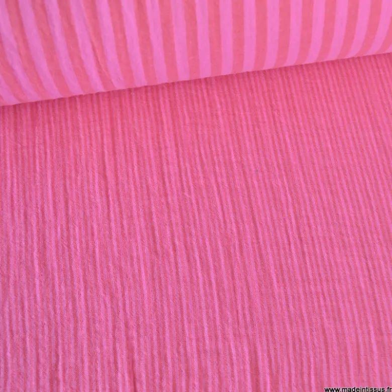 Tissu Double gaze réversible à rayures Rose bonbon et Hibiscus - OEKO TEX