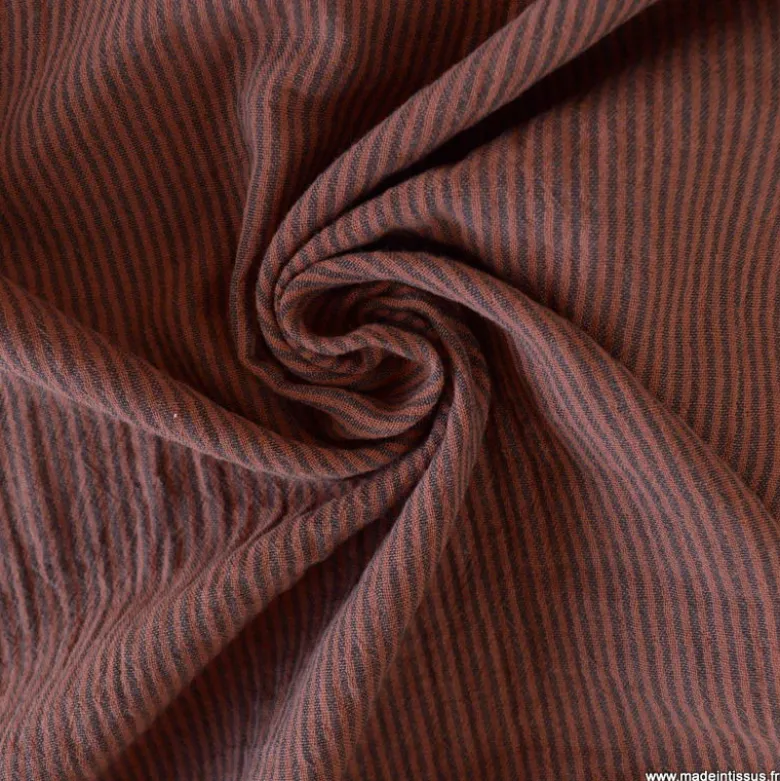 Tissu Double gaze réversible à rayures Charbon et Toffee - OEKO TEX