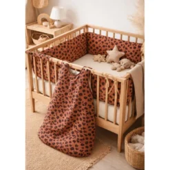Tissu double gaze Saian motif coeurs léopard fond Toffee