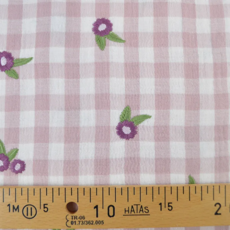 Tissu Double gaze vichy beige brodée fleurs Mauve - OEKO TEX