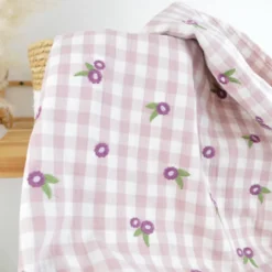 Tissu Double gaze vichy beige brodée fleurs Mauve - OEKO TEX