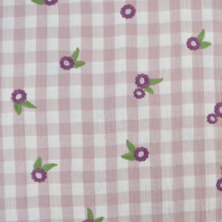 Tissu Double gaze vichy beige brodée fleurs Mauve - OEKO TEX