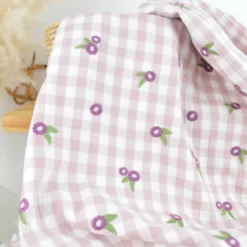 Tissu Double gaze vichy beige brodée fleurs Mauve - OEKO TEX