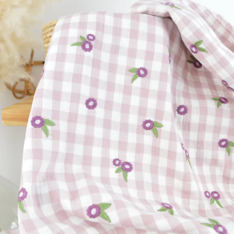 Tissu Double gaze vichy beige brodée fleurs Mauve - OEKO TEX