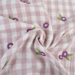 Tissu Double gaze vichy beige brodée fleurs Mauve - OEKO TEX