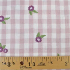 Tissu Double gaze vichy beige brodée fleurs Mauve - OEKO TEX