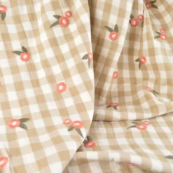 Tissu Double gaze vichy beige brodée fleurs corail - OEKO TEX