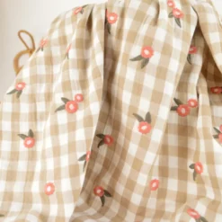 Tissu Double gaze vichy beige brodée fleurs corail - OEKO TEX
