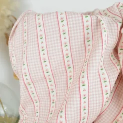 Tissu double gaze Vichy et rayures de fleurs Rose - OEKO TEX
