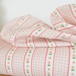 Tissu double gaze Vichy et rayures de fleurs Rose - OEKO TEX