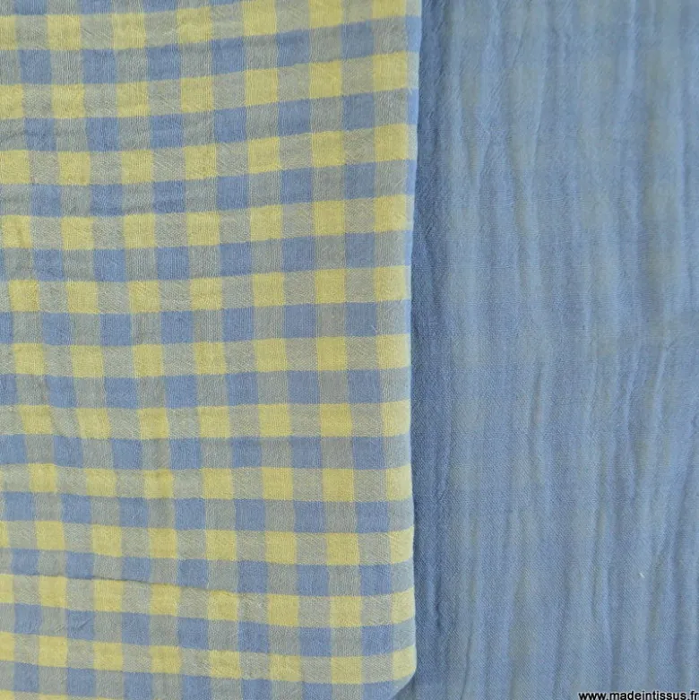 Tissu Double gaze Vichy réversible Baltique et Lemon - OEKO TEX