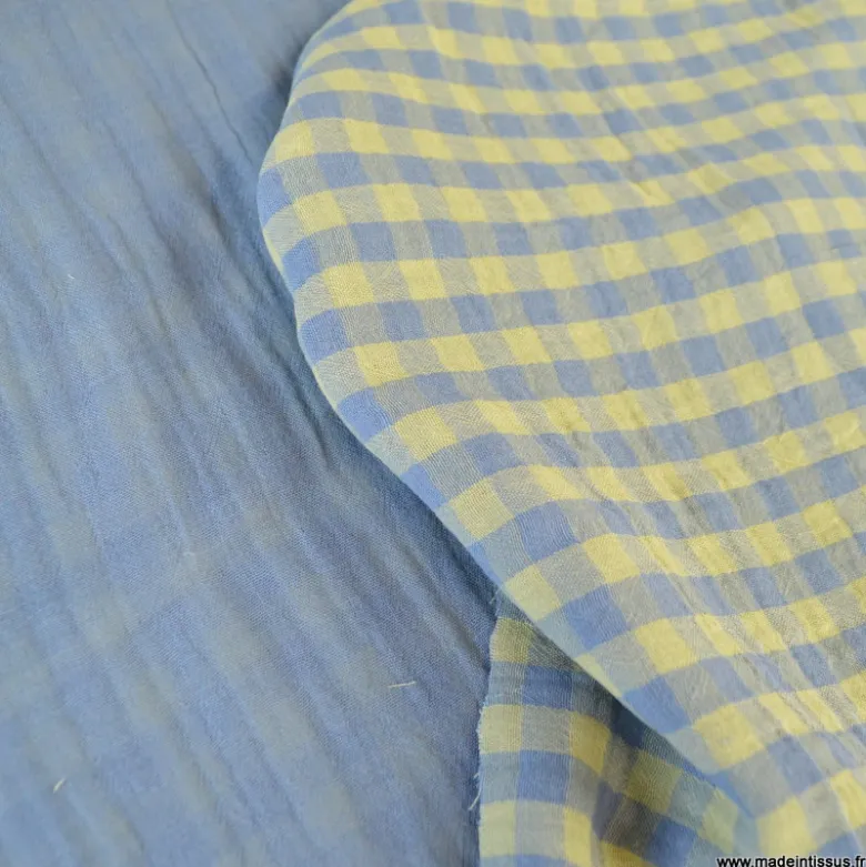 Tissu Double gaze Vichy réversible Baltique et Lemon - OEKO TEX