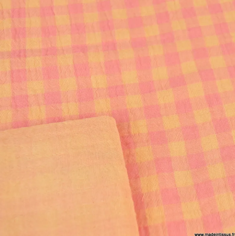 Tissu Double gaze Vichy réversible Sorbet et Melon - OEKO TEX