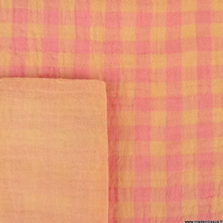 Tissu Double gaze Vichy réversible Sorbet et Melon - OEKO TEX