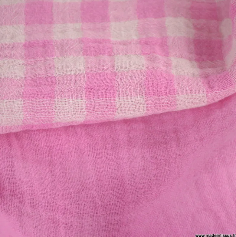 Tissu Double gaze Vichy réversible Bonbon et blanc cassé - OEKO TEX