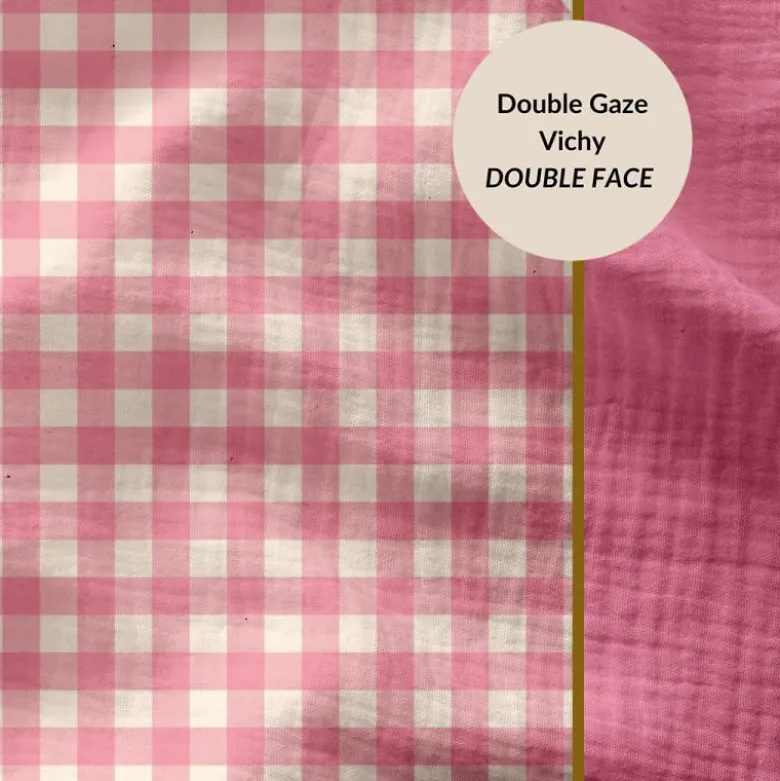 Tissu Double gaze Vichy réversible Bonbon et blanc cassé - OEKO TEX
