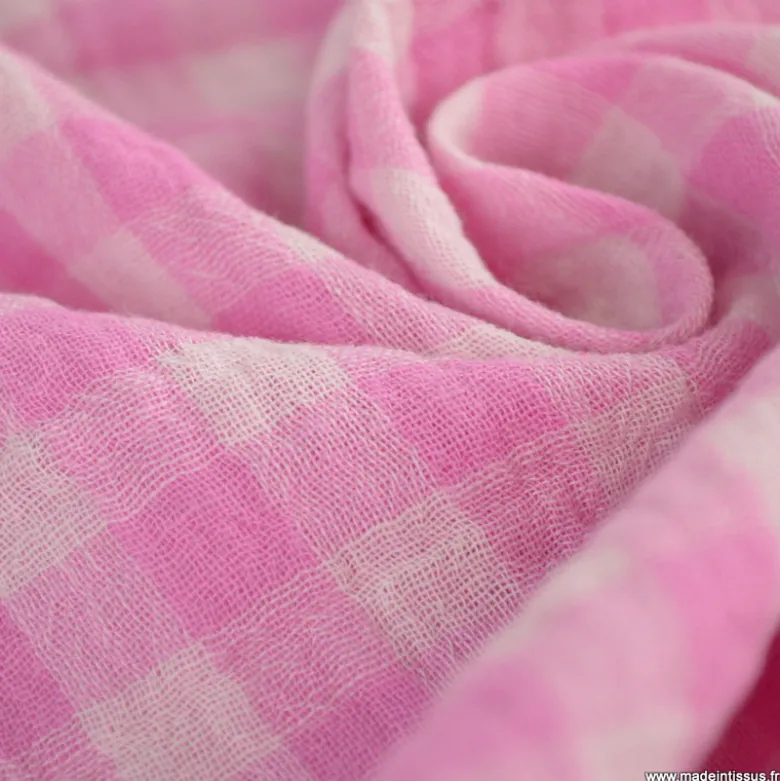 Tissu Double gaze Vichy réversible Bonbon et blanc cassé - OEKO TEX